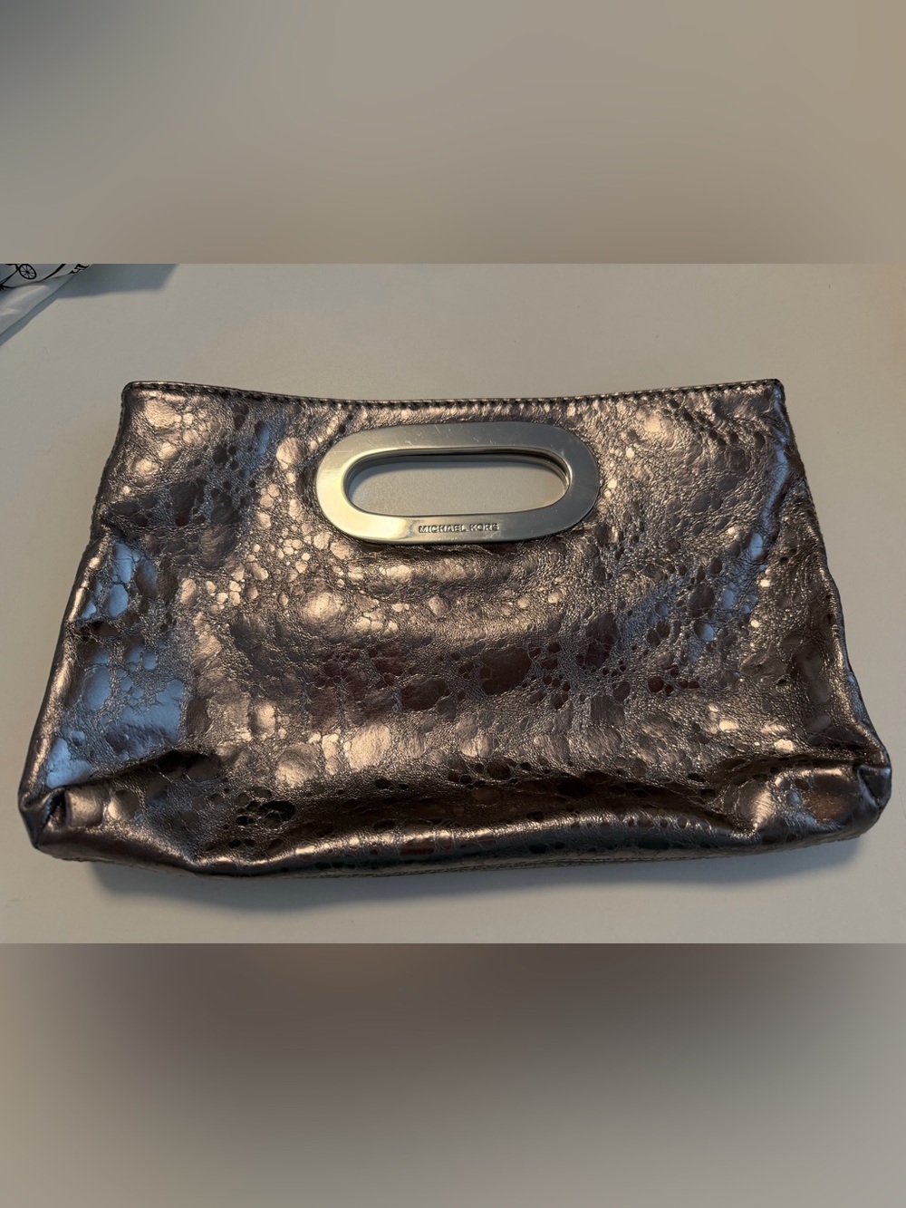 Michael Kors Metallic Pewter Textured Cutout-Handle Clutch